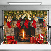 Lofaris Gold Bauble Red Socks Fireplace Gift Xmas Backdrop